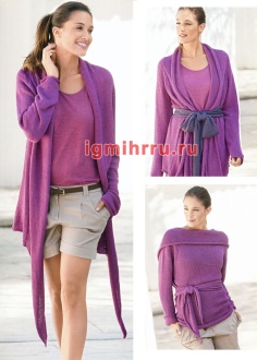  DARK-LILAC CARDIGAN WITH EXTENDED SHELVES. KNITTING WITH KNITTING NEEDLES