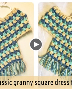 Crochet granny square poncho dress(2 to 3 year baby) for beginners - English version
