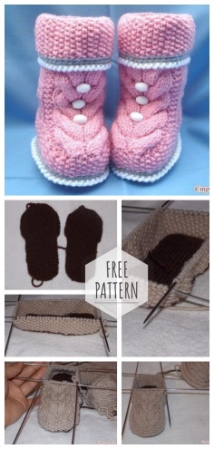 Knit bootees Spit with knitting needles