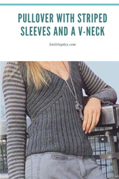 Pullover with striped sleeves and a V-neck