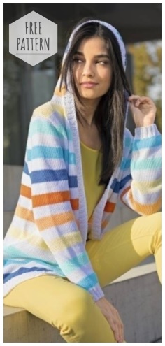 HOODED COLOR CARDIGAN WITH KNITTING NEEDLES