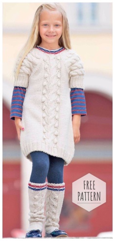  CHILDRENS DRESS WITH KNITTINGS WITH A RELIEF PATTERN AND BRAIDED SOCKS